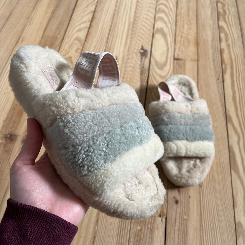 UGG Fluff Yeah Slide Striped Sheepskin Slippers Pink Grey Cream 1097169 womens 6